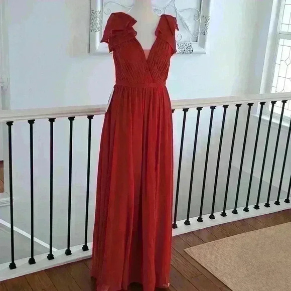 Azazie Suneeta -A-Line Pleated Chiffon Floor-Length Dress Color: Rust - Size- A4 - Picture 2 of 7